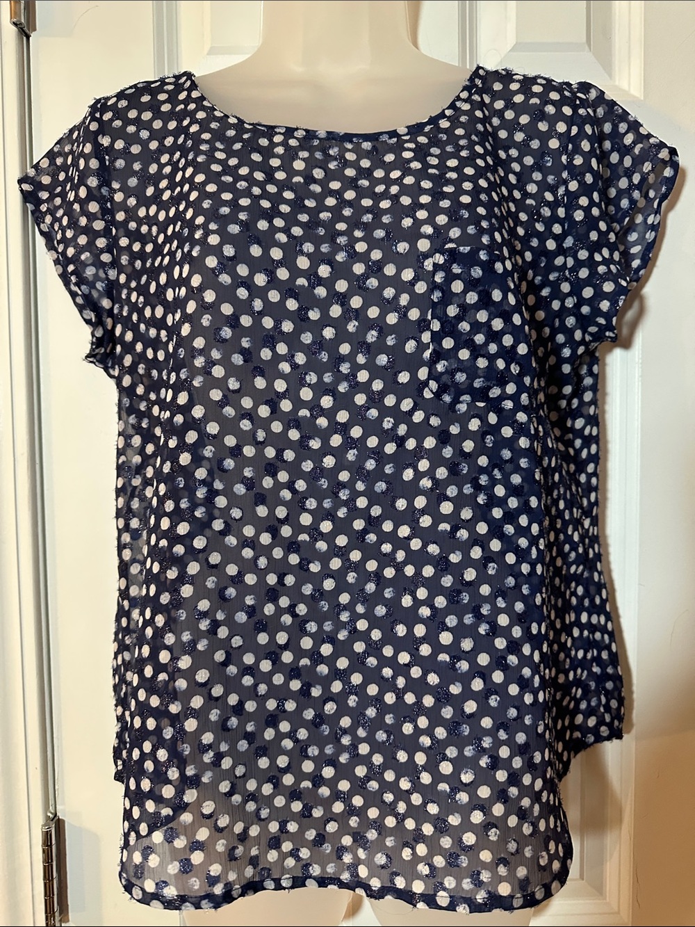 Banana Republic Factory Navy and White Polka Dot Short Sleeve Blouse